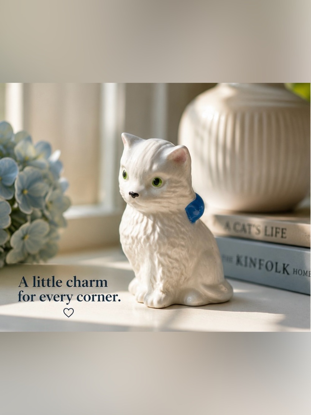 Vintage White Cat Figurine with Blue Bow Small Decor